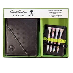 Robert Graham Clubhouse RFID Leather Wallet + Golf Tees Gift Set Brown NIB